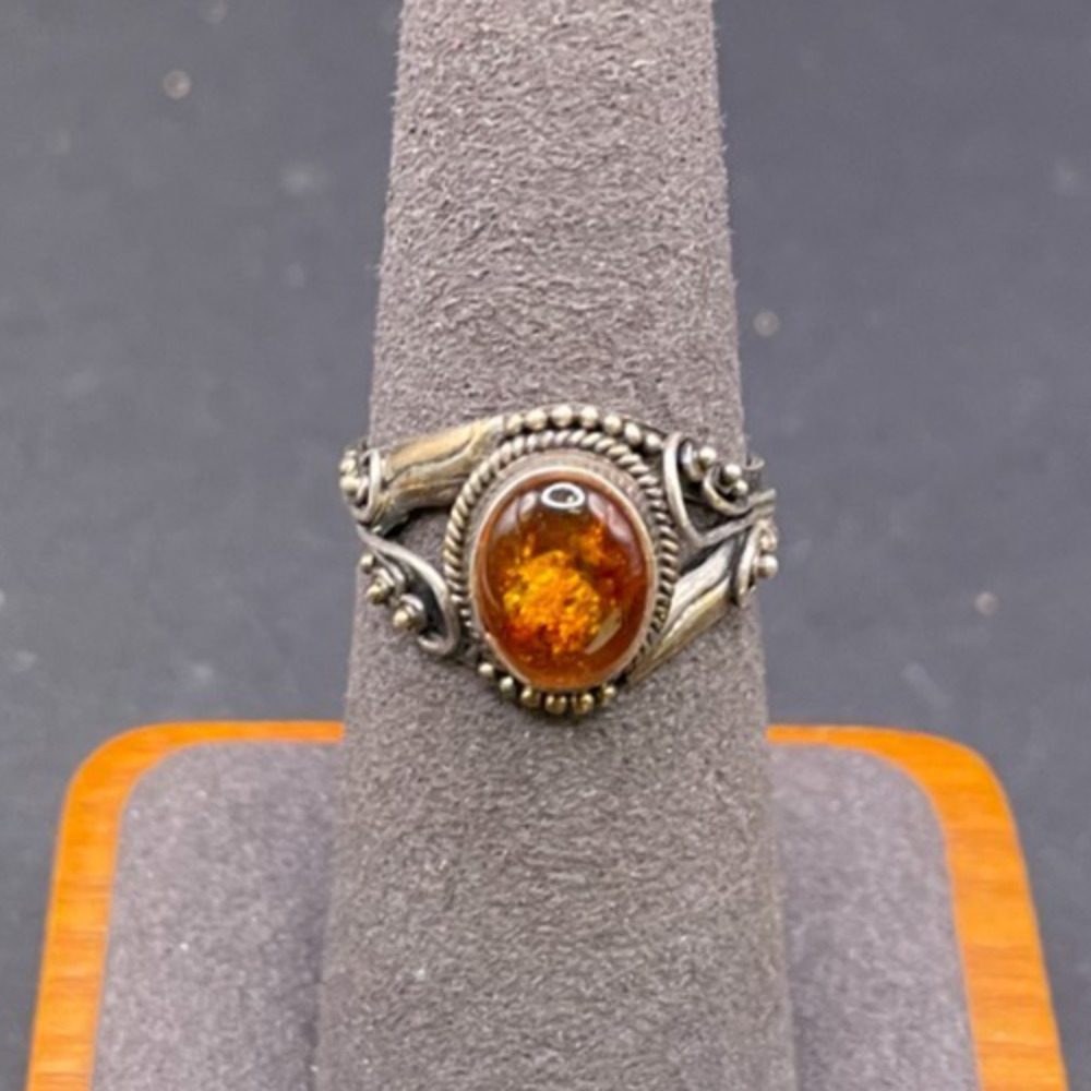 Vintage Sterling Silver 925 Leaf Band & Round AMBER Statement Ring Sz 7